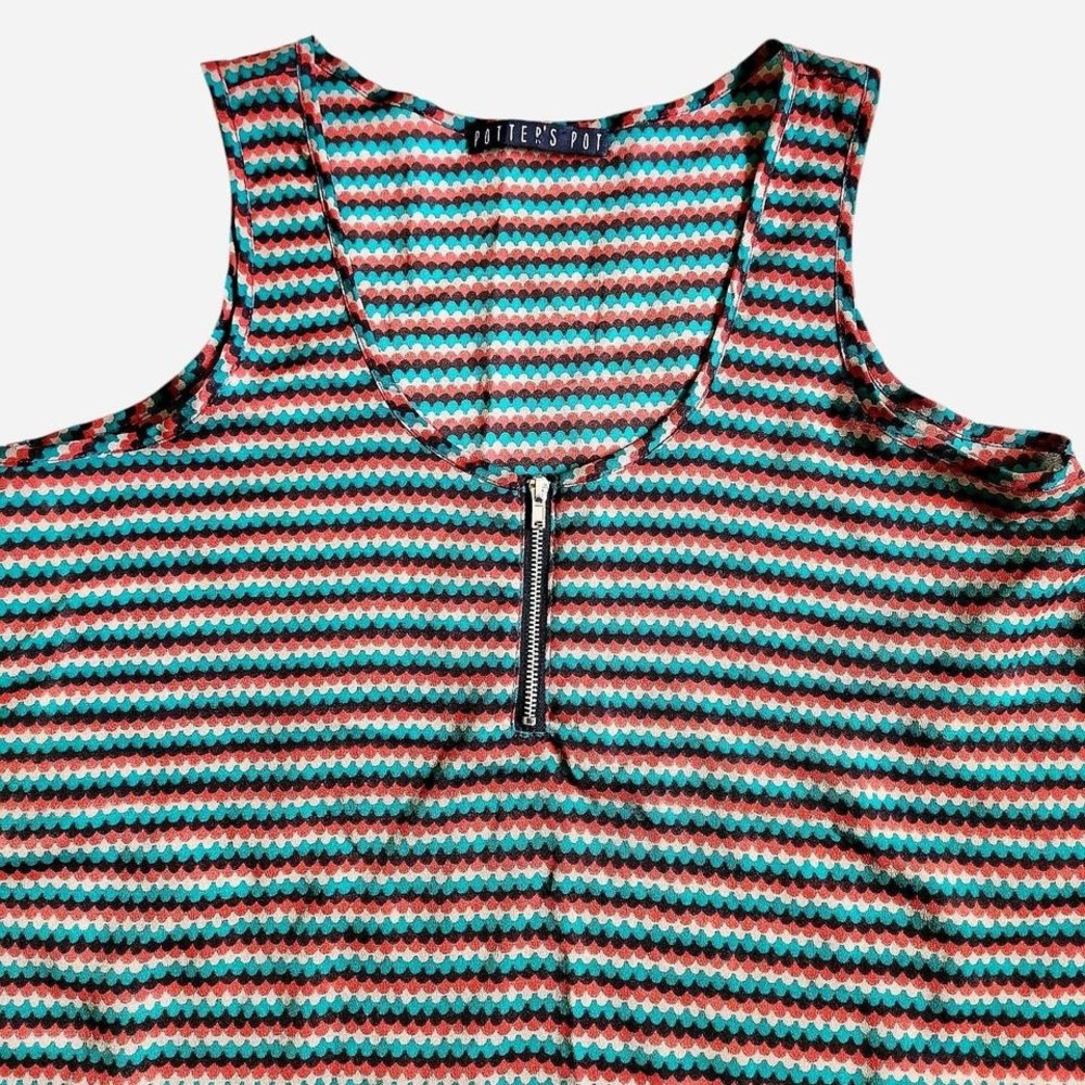 Potters Pot sleeveless cropped blouse retro multicolor pattern front zip flared